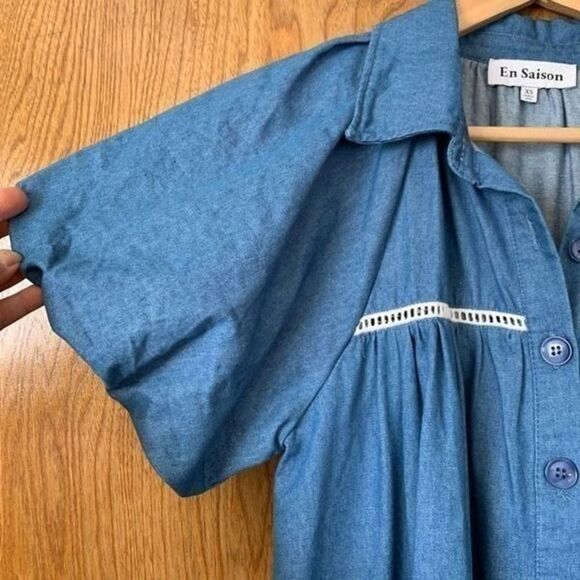 En Saison Tara Tiered Cotton Trapeze Shirtdress In Chambray Blue Size XS - Picture 7 of 12